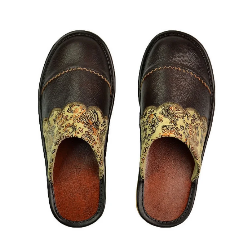 

Spring Embroider Leather Couples Slippers Men Indoor Home Shoes Unisex Room Slippers Male Fur Slides New Be Non-slip Slipper