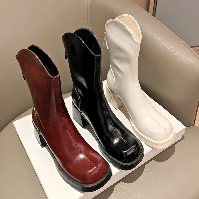 

New Fall Shoes Women Leather Platform Shoe 2022 Fashion Women Boots Round Toe Chunky Boots Women Solid Black Women Shoes
