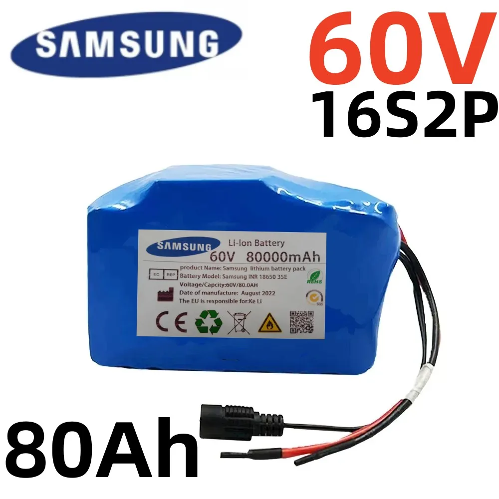 

Batería de iones de litio 18650 para bicicleta eléctrica, pila de 60V, 80000mAH, 80Ah, 16S2P, con BMS y cargador de 67,2 V