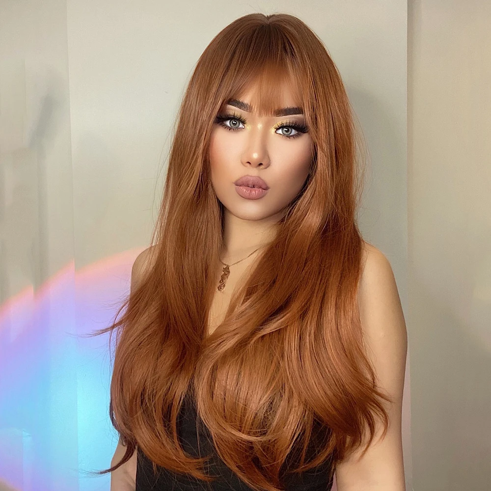 

Wigtoday Red Brown Copper Ginger Long Straight Synthetic Wigs for Women Natural Wave Wigs with Bangs Heat Resistant Cosplay Hair