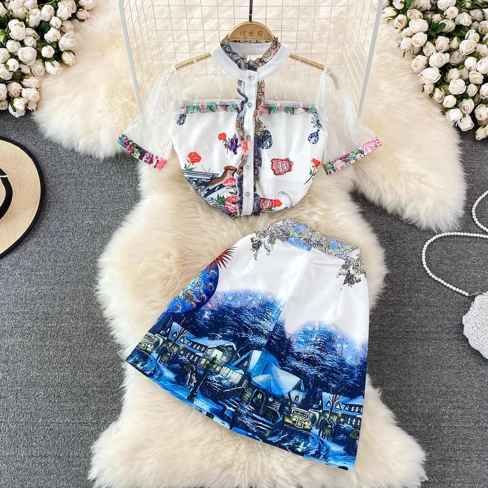 

Fashion suit ladies temperament positioning printing stand-up collar single-breasted shirt two-piece high-waisted skirt