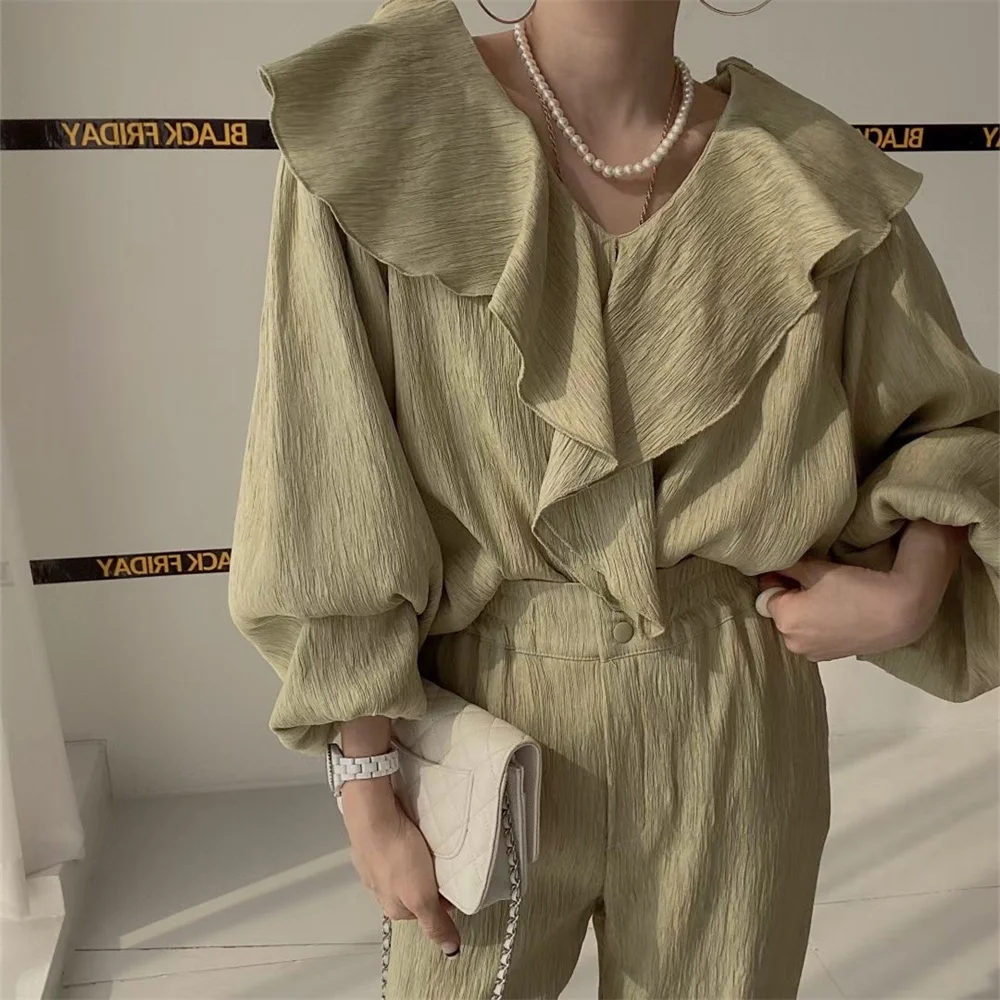 

Женский элегантный костюм PLAMTEE в стиле ретро, блузка с оборками и свободные брюки с высокой талией, шикарная рабочая одежда, осенний офисный комплект из двух предметов, 2022