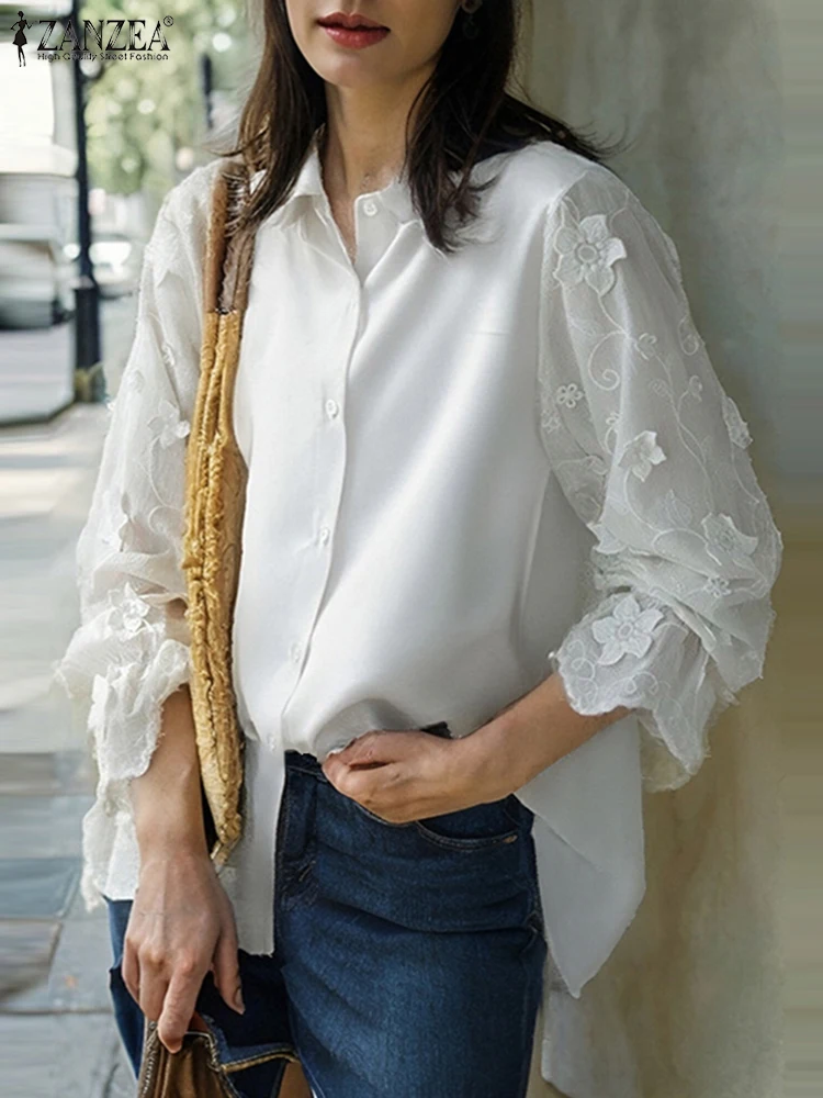 ZANZEA модные жаккардовые туники с вышивкой винтажные однотонные рубашки женские