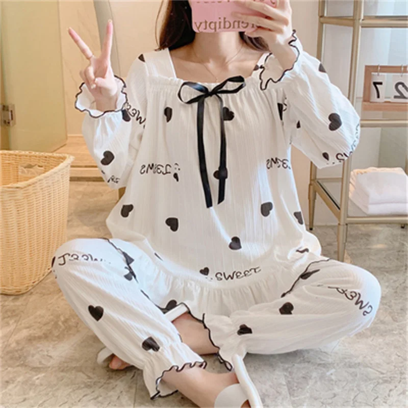 Pajamas Set Sexy Princess Cotton Bow Sleepwear For Women Elastic Pyjama Women's Soft  Fashion Sweet Homewear Clothes Big Size