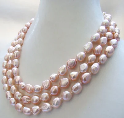 

Free Shipping 3 strands genuine natural pink baroque freshwater pearl necklace 8-9mm