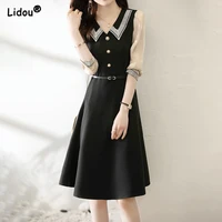 office lady elegant v neck half sleeve empire button belt solid color dresses fashion patchwork summer new womens clothing 2022