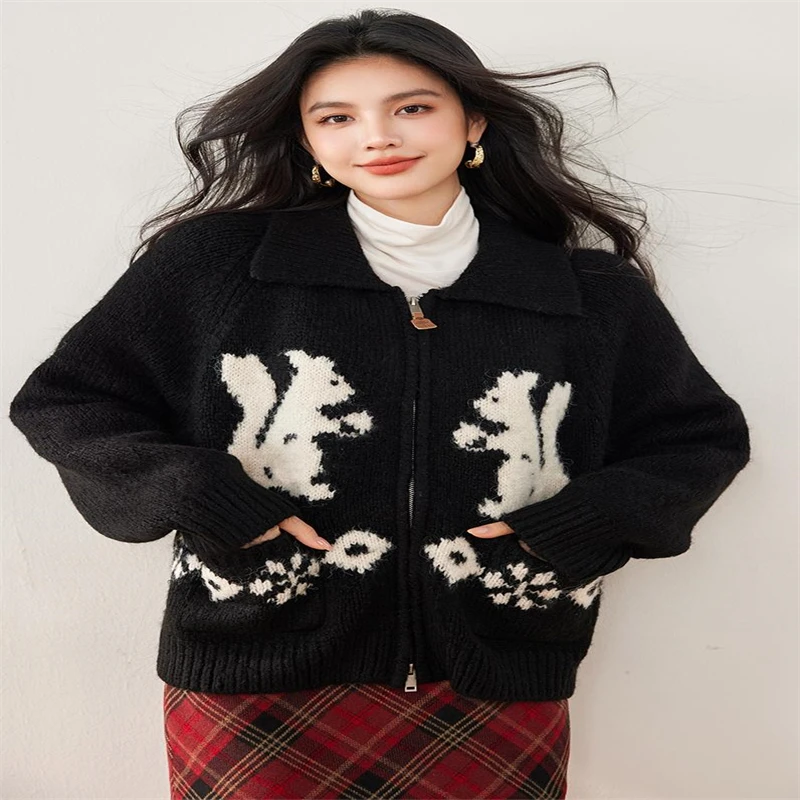 ADAgirl Kawaii белка графический женский кардиган большой свитер на молнии с длинными