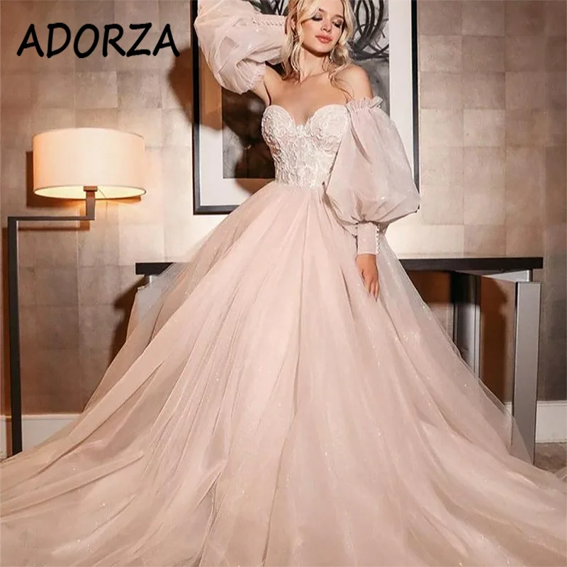 

ADORZA Wedding Dress Lace Appliques Sweetheart Bridal Gown Off-the-shoulder Puffy Sleeves Court Train Vestido De Noiva for Bride