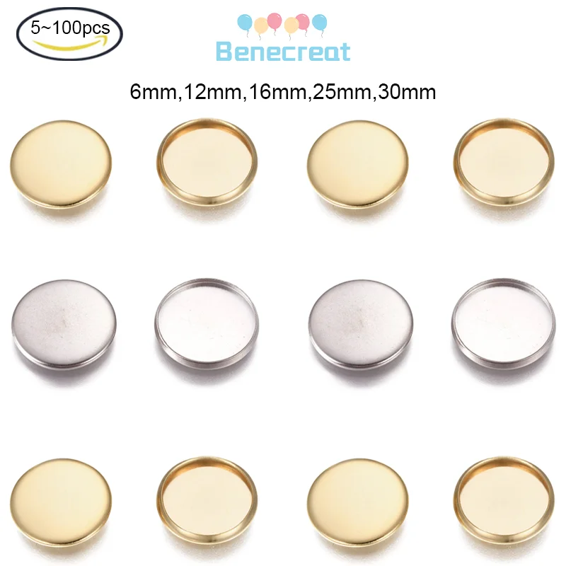 

5-100PC Golden Flat Round Trays Stainless Steel Plain Bezel Cups Blank Tray Cabochon Settings for Jewelry Making DIY Finding