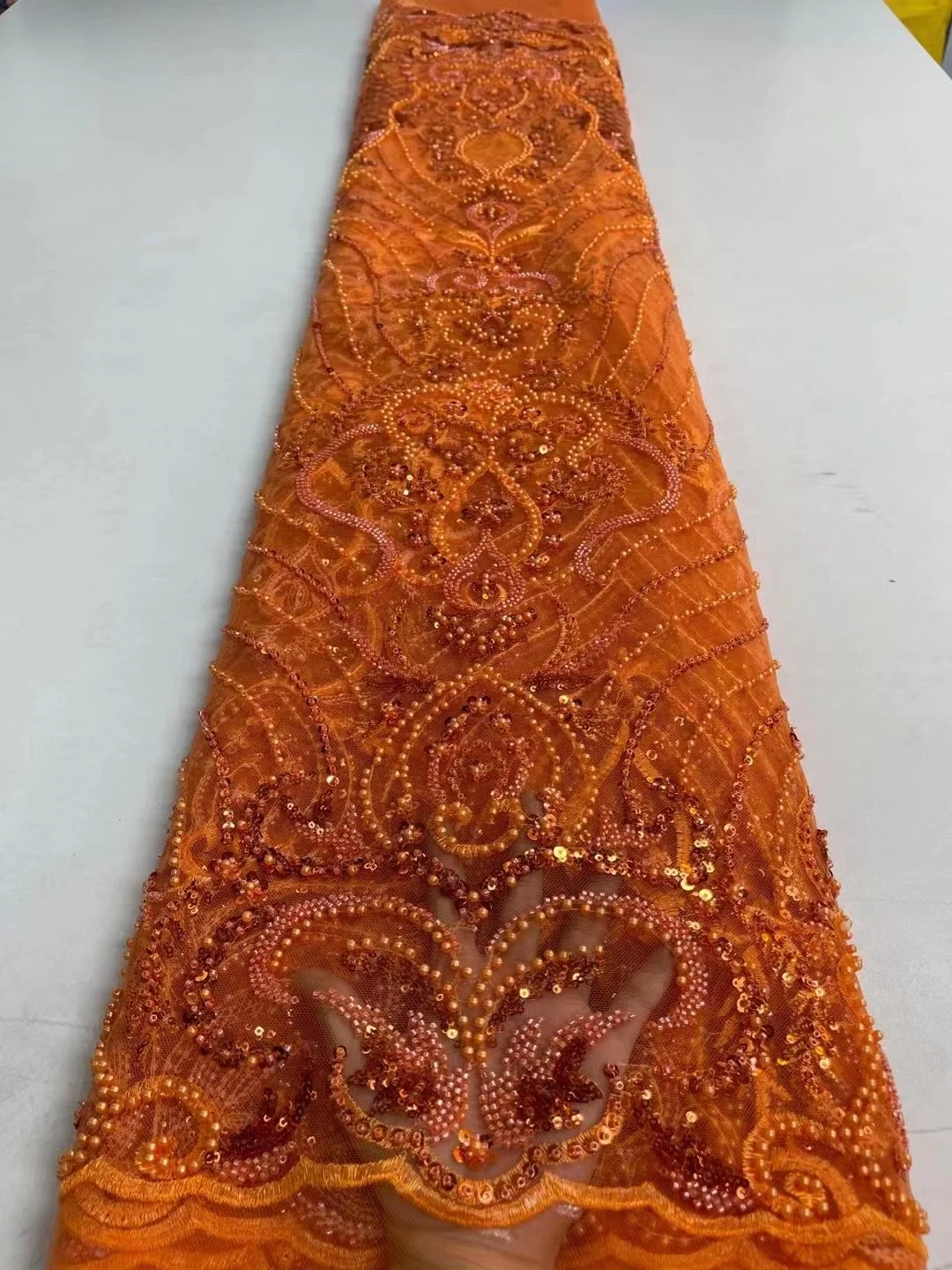 

Orange 2022 Embroidered Luxury Beads Lace French Sequins Lace Fabrics African Handmade Beaded Lace Fabric For Evening Dresses
