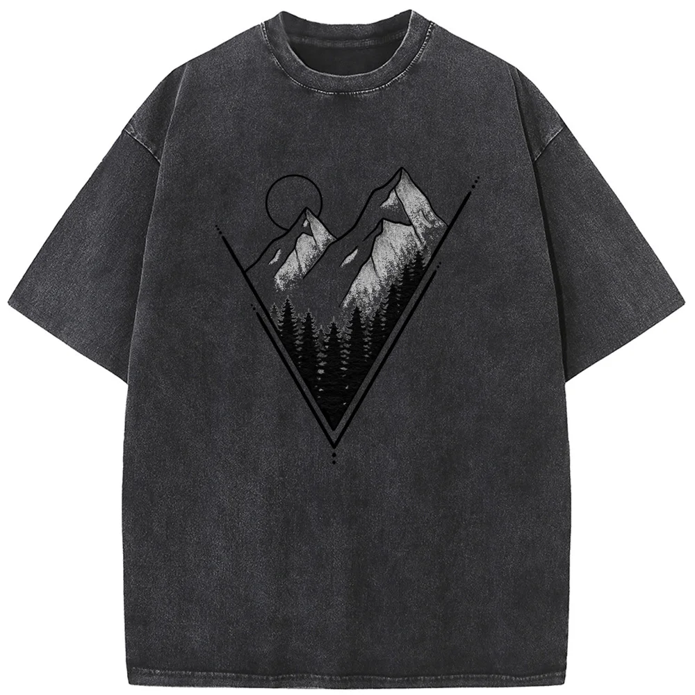 

Geometric Mountain Sunset Unisex O-Neck Washed T-Shirt Novelty 230g Summer Bleached Tshirt Funny Casual Loose Bleach T shirt