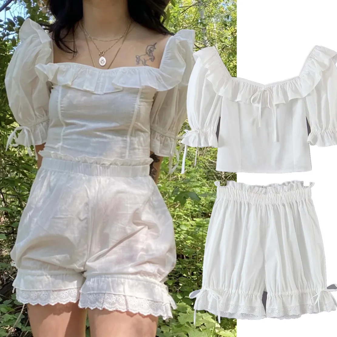 

Maxdutti Indie Folk Vintage Pure Cotton White Ruffles Square Collar Short Shirt Blouse Casual Bermuda Lace Harem Shorts Sets Wom