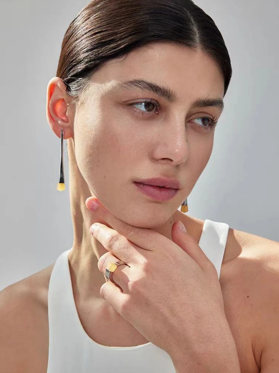 Natural Topaz Trapezoidal Long Earrings Design Original Stone Cold Sle High-Grade Light Luxury Water Drop Earrin...