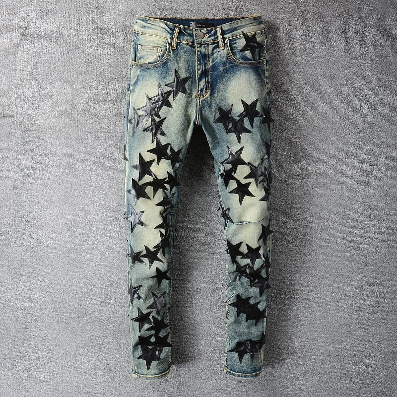 

European New Stars Fighting Leather Knee Knife Cut Holes Jeans Men's Retro Distressed High Street Trousers Slim Pants for Men