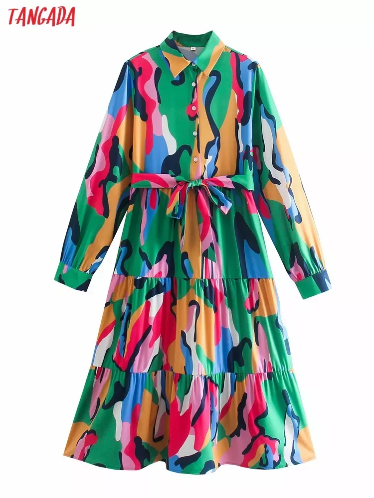 

Tangada 2021 Fashion Women Green Print Shirt Dress with Slash Long Sleeve Office Ladies Midi Dress 8Y87