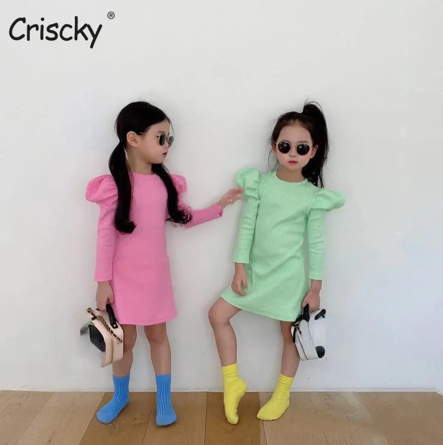

Criscky 2022 Girls Knitted Stretch Slim Dress Girls Puff Sleeve Candy Color Dress Girl Princess Dress Spring Autumn Baby Clothes