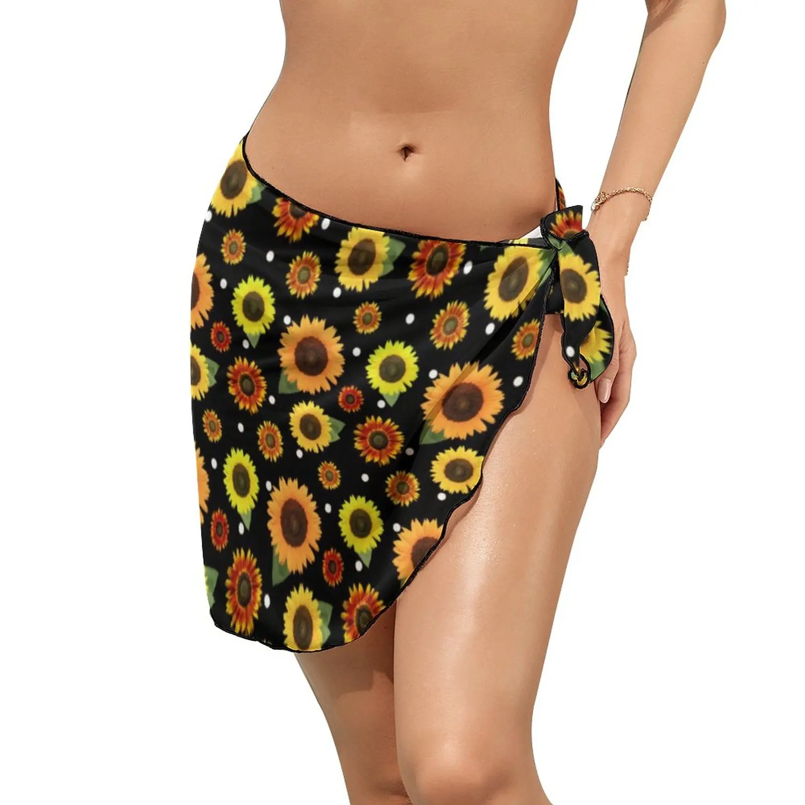 

Sunflower Polka Dots Beach Bikini Cover Up Summer Vintage Floral Print Chiffon Wrap Skirts Women Custom Cover-Ups Sexy Beachwear