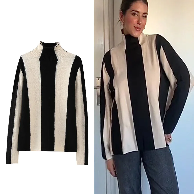 

TRAF Woman Vertical Stripe Knit Sweater High Collar Long Sleeves Ribbed Pullover 2024 Autumn Winter Warm Loose Sweaters Pullover