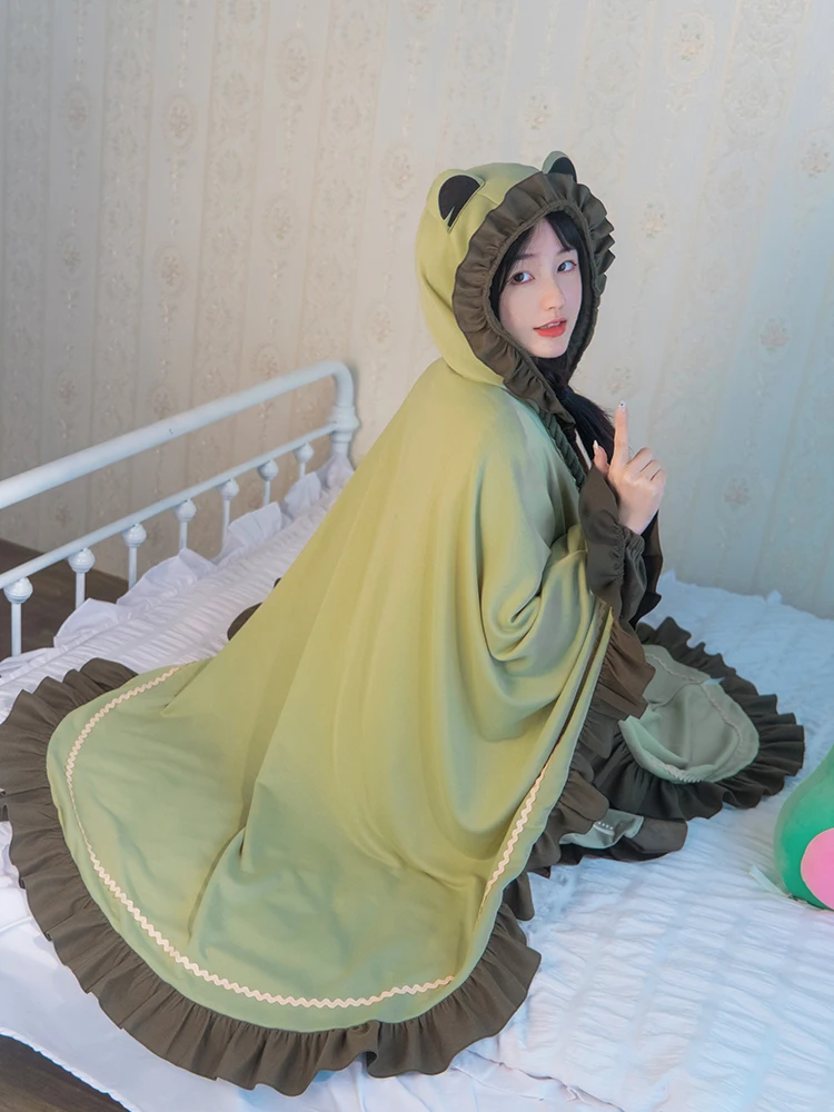 Lounge Onesies Soft Frog Cape Style Affixed Cloth Embroidered Homewear Air Conditioning Blanket Pocket Long Casual Loose Coat