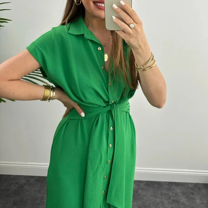 

Summer Short Sleeve Single Breasted A Line Dress Casual Solid Straight Party Dress Office Lady Lapel Lace-up Shirt Dress Mujer
