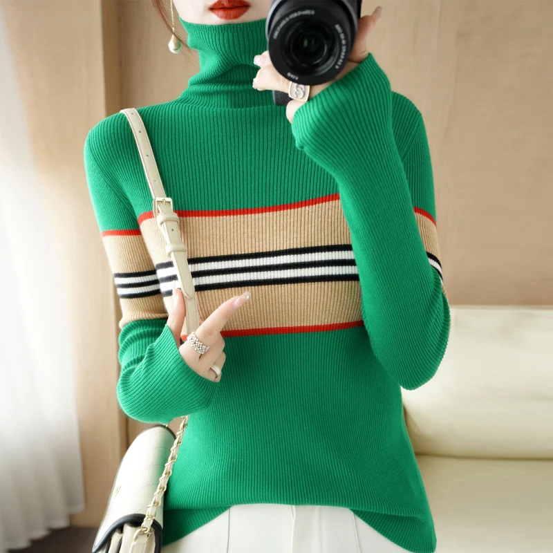 

2022 New Cashmere Striped Women's Sweater High-necked Women Sweaters Pullovers for Female Woman Sweaters Pullover