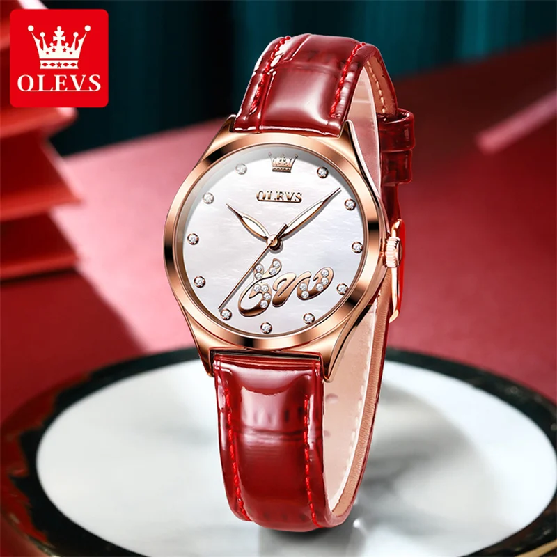 OLEVS Watch Women Diamond Leather Quartz Wristwatch Waterproof Luminous Rose Gold Red Ladies Watches Girlfriend Gift reloj mujer