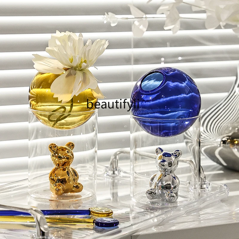 

Синяя ваза zqNordic Klein, украшение для цветов, сушеные цветы и искусственные цветы, прозрачное стекло, Простое домашнее украшение