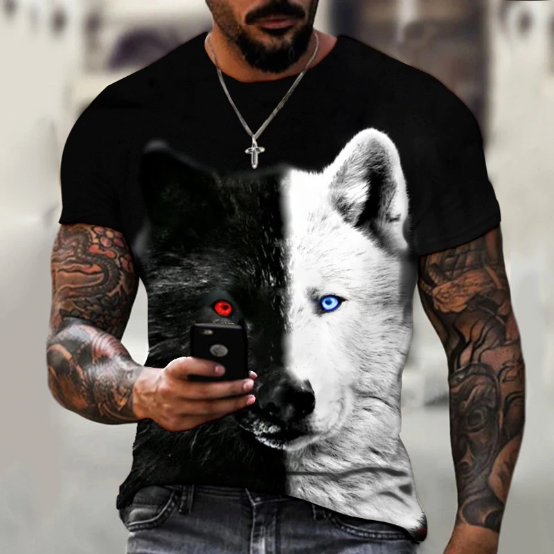 

Lion Fighting Beast And Lion Wolf 3D T-Shirt Summer New Men's Extra Large Short Sleeve Black And White Design Polyester