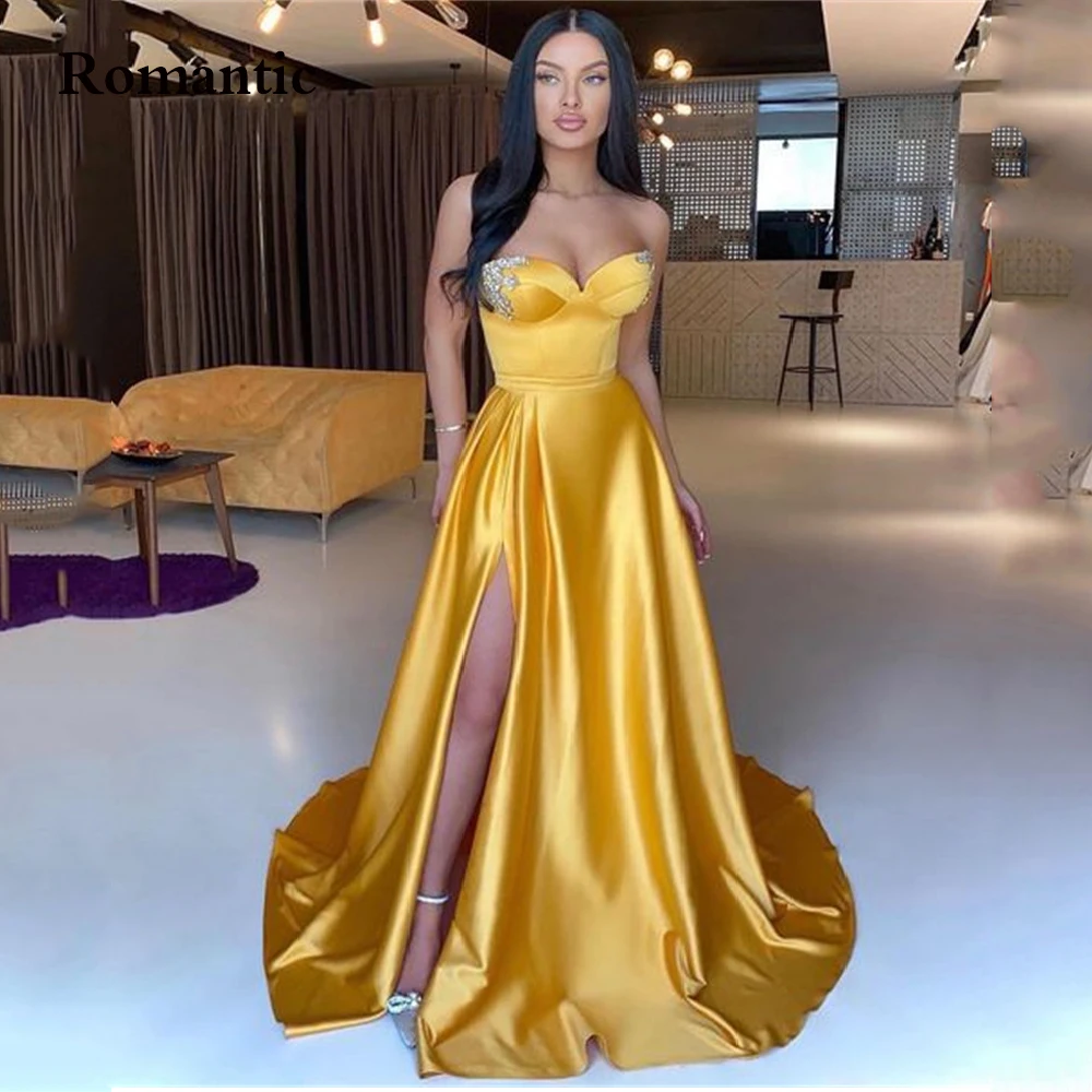 Романтическое желтое атласное шелковое искусственное платье с бусинами сбоку