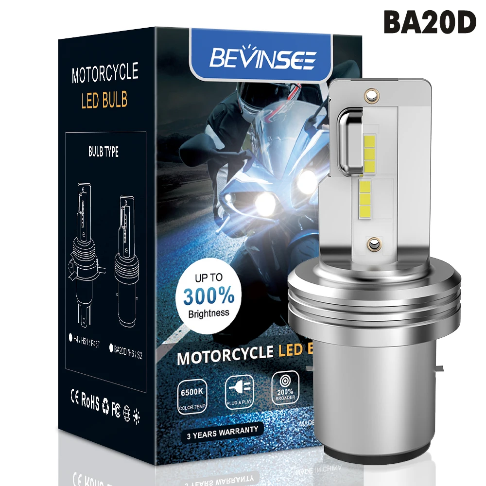 

BEVINSEE BA20D светодиодная лампа 12 В для мотоцикла, галогенная лампа дальнего/ближнего света Plug & Play, светодиодная мотолампа для Honda Kawasaki Yamaha 6000K AC/DC