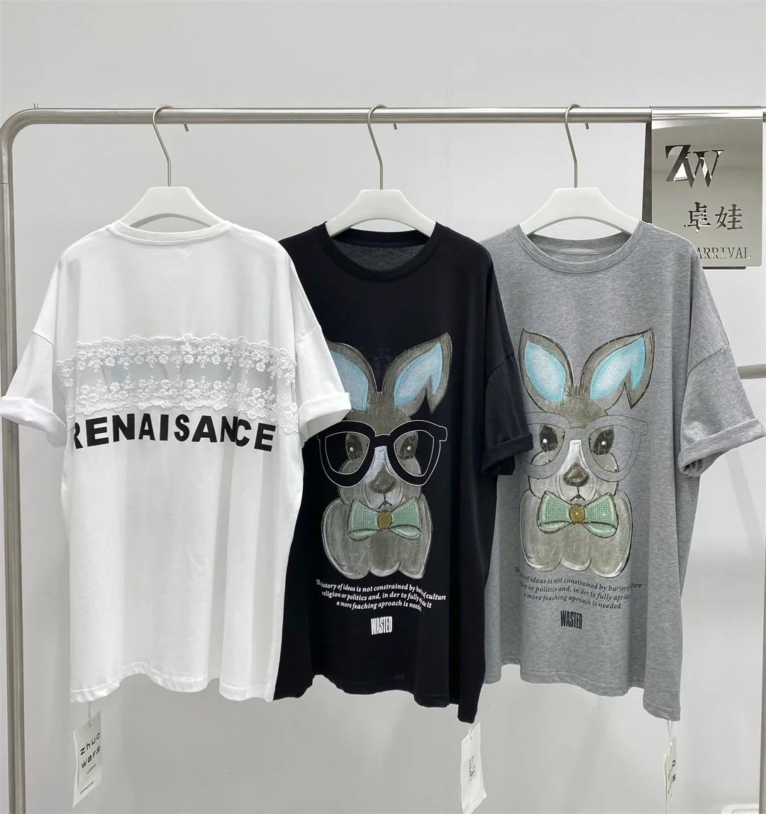 

2023 Summer New Round Neck Cotton Short Sleeve T-shirt Women's Loose Back Hollow Print White Black High Quality Top