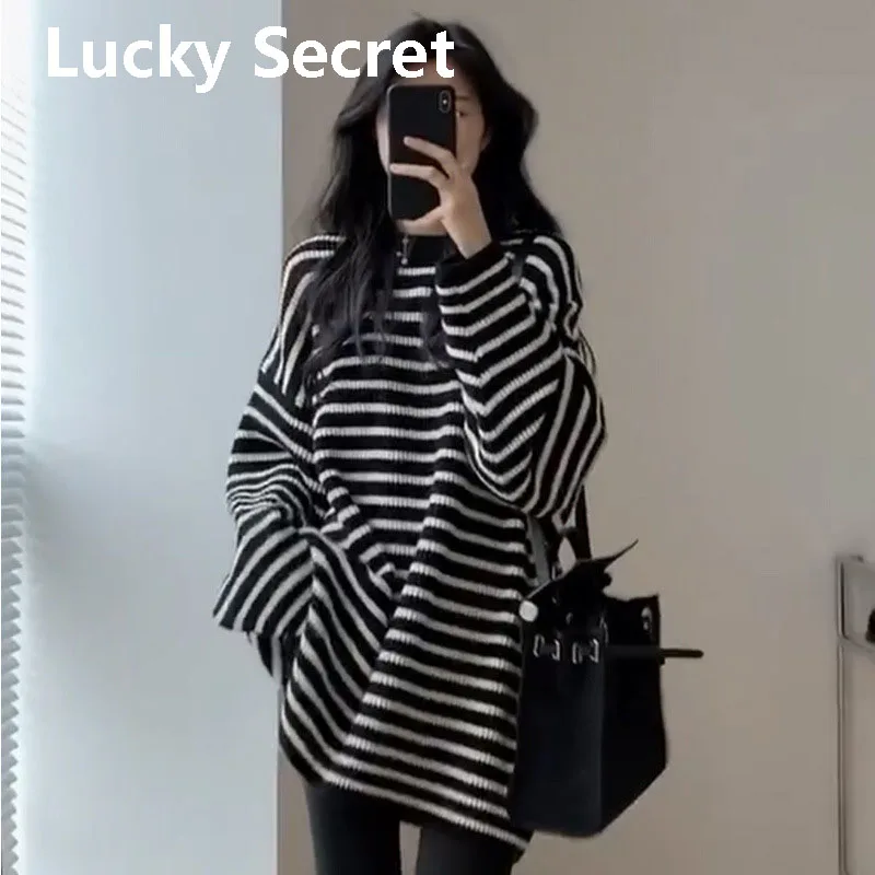 

sweater woman winter 2022 sweaters for women loose tie-in languid soft waxy mid-long black and white striped sweater Pullover