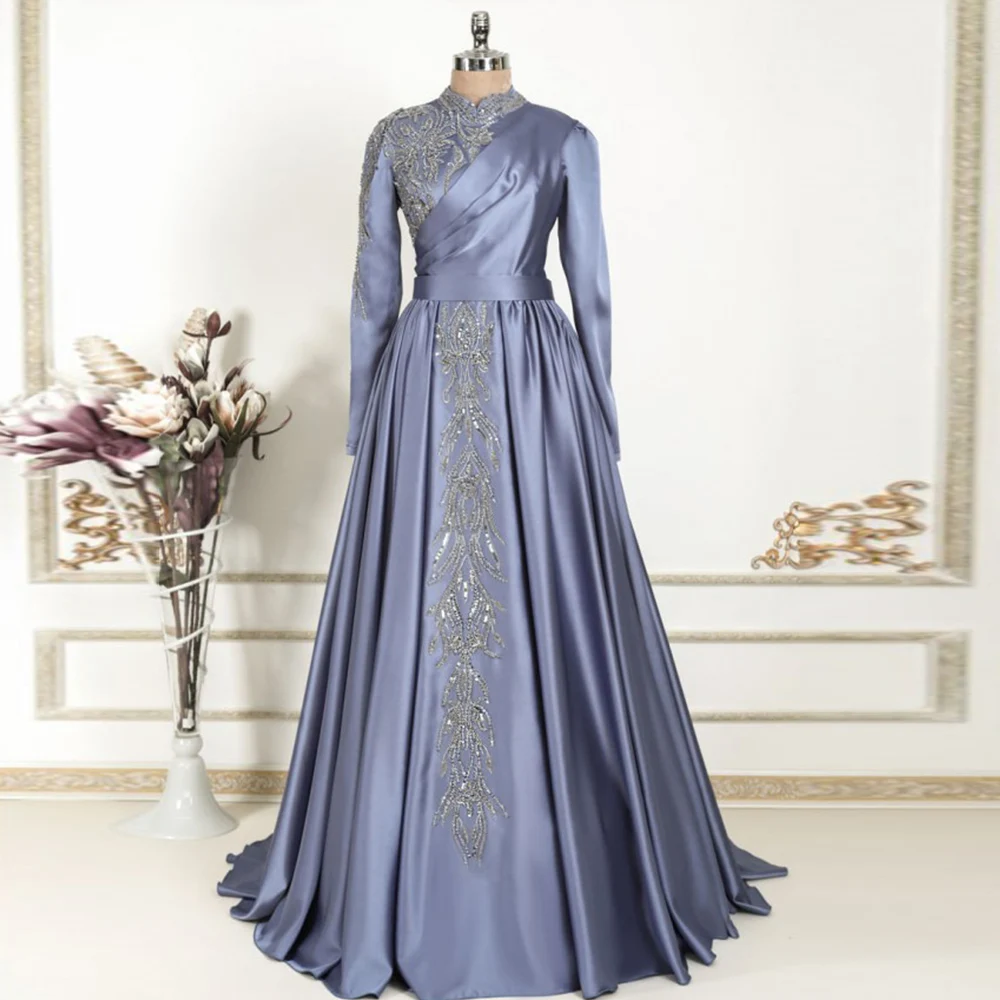 

Green Muslim 2022 Prom Dresses Floor Length Full Sleeve Moroccan Caftan Evening Dresses O Neck Elegant Beading Robe De Soiré