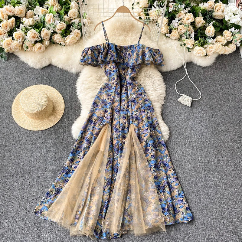 

Women's Mesh Stitching Strapless Mixi Dress Holiday Ladies Vestidos Female Robe Summer Elegant Chiffon Floral Strap sundress y2k
