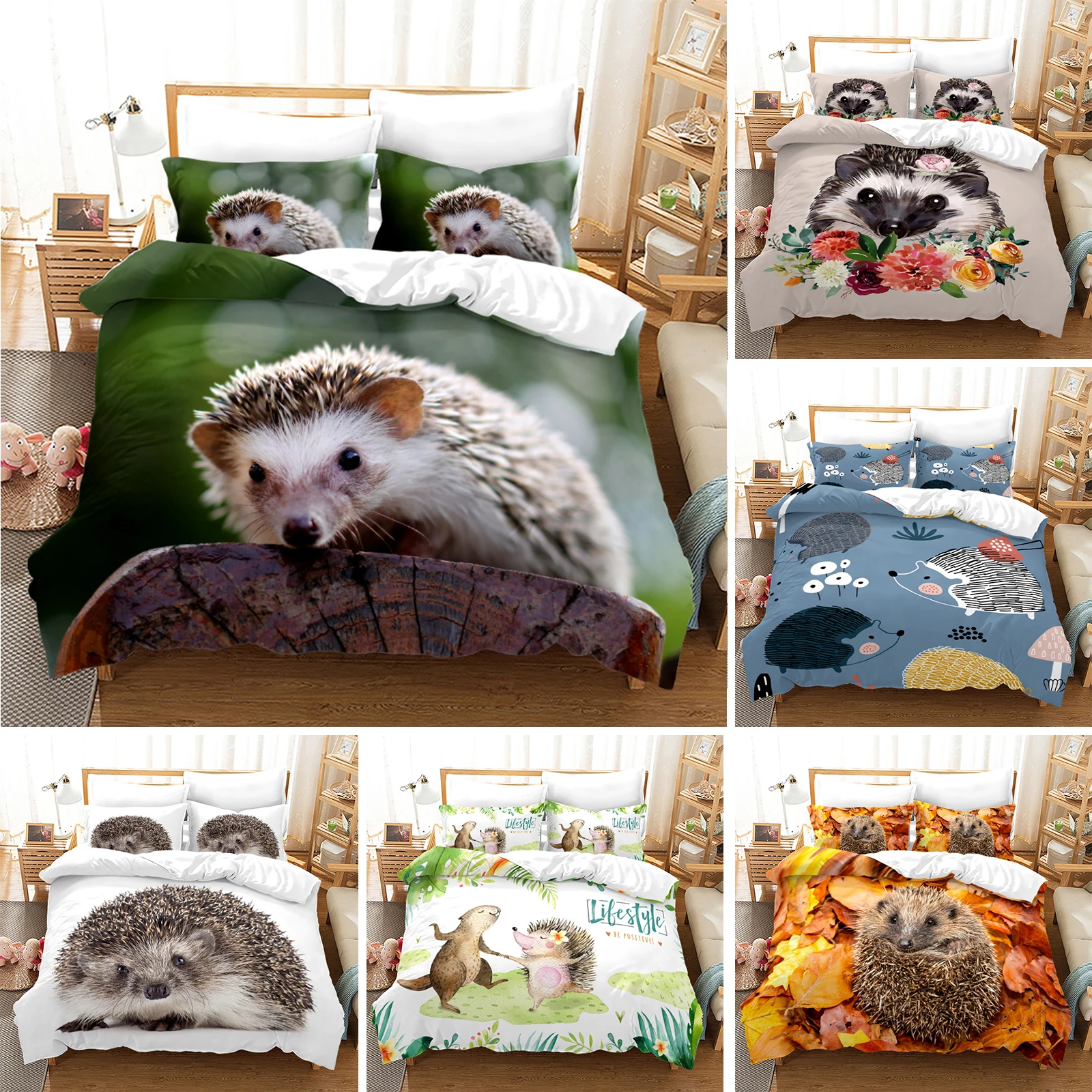 

Hedgehog Duvet Cover King/Queen Size,Cute Brown Hedgehog Pattern Print Quilt Cover for Kids Girls Boy,animal Theme Bedding