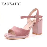 fansaidi fashion womens shoes summer new elegant buckle narrow band pink yellow square toe 7 5cm block heels sandals