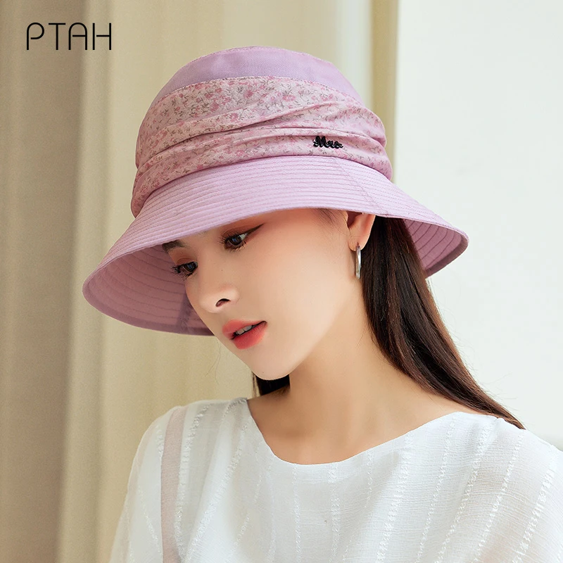 

[PTAH] Spring Hats Women Summer Caps Temperament 100% Mulberry Silk Flower Hats Sun Protection Breathable Caps Beach Hats Female