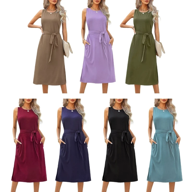 

Женское Повседневное платье-трапеция средней длины без рукавов с Боковым Разрезом и карманами, однотонные длинные платья с круглым вырезом и завязкой на талии