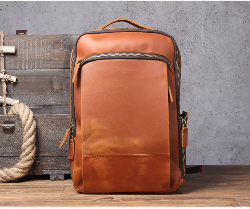 

leather Vintage casual shoulder bag, male mad horse leather backpack, handmade head leather travel backpack
