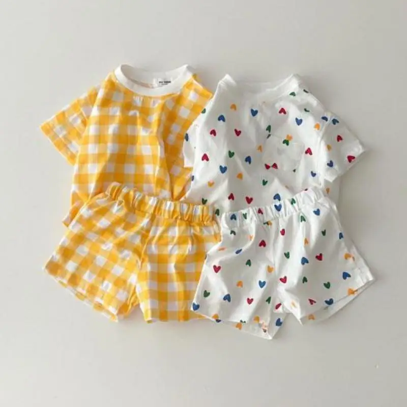 

Infant Summer Casual Love Set Baby Boy Simple Plaid Short Sleeves Tees And Loose Comfortable Breathable Cotton Shorts Girl Suit