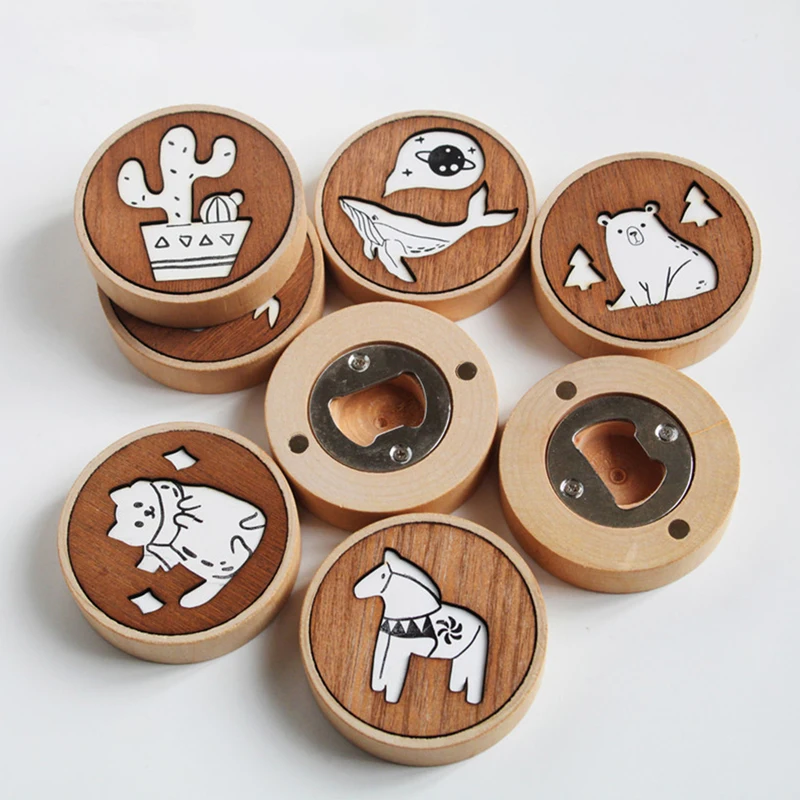 

Wooden Bottle Opener Magnet Creative Refrigerator Pasted Wood Can Opener Kitchen Tool