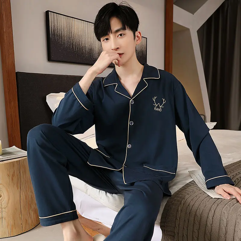 1 2023 new men's pajamas spring and autumn high-grade cotton long-sleeved trousers two-piece suit home clothes