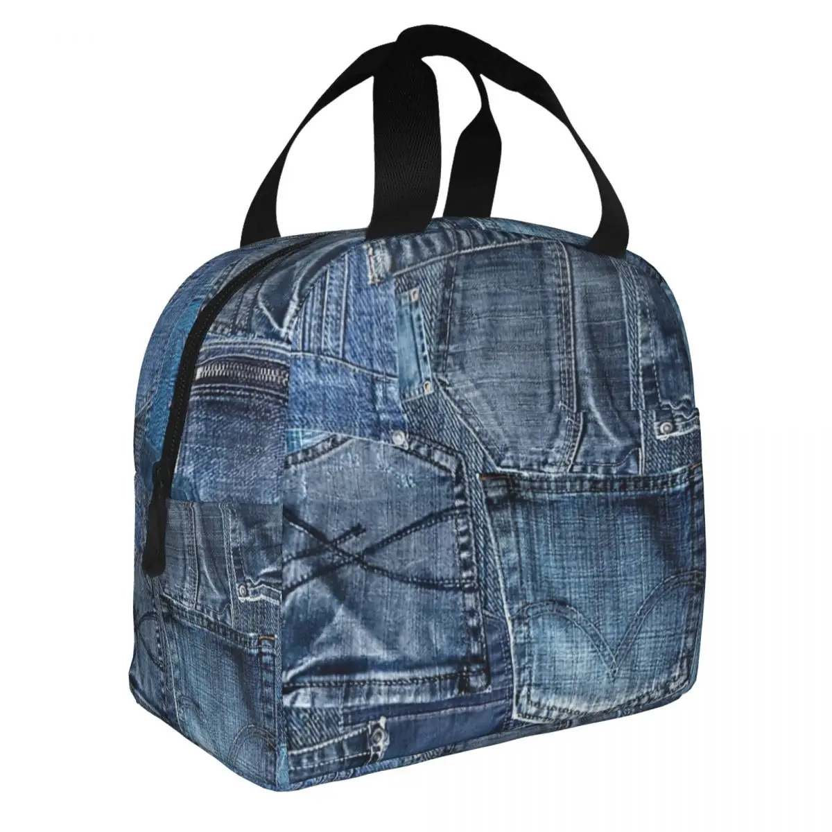 Blue Denim Jeans Pocket Patchwork Lunch Bento Bags Portable Aluminum Foil thickened Thermal Cloth Lunch Bag for Women Men Boy