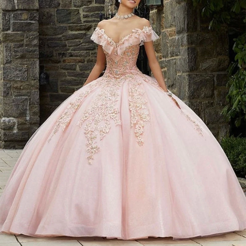 

Pink 3D Flower Quinceanera Dress Off Shoulder Sparkling Crystal Ball Gown Corset Sweet 15th Princess Birthday Party Dress