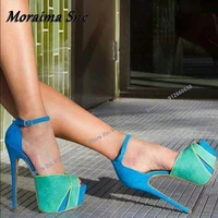 moraima snc mixed color platform suede sandals for women blue thin high heels shoes ankle buckle women solid stilettos sandals