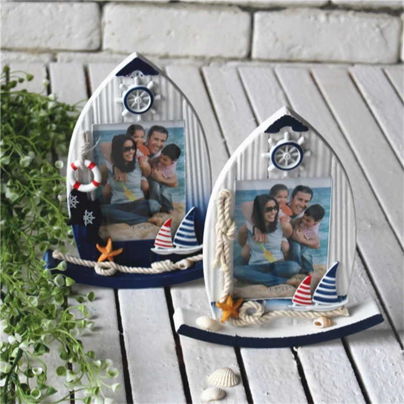 Wooden Blue Sailboat Picture Frame Sculptural Wood Photo Holder Meticulous Decoration Handcrafted Tabletop Accessory |