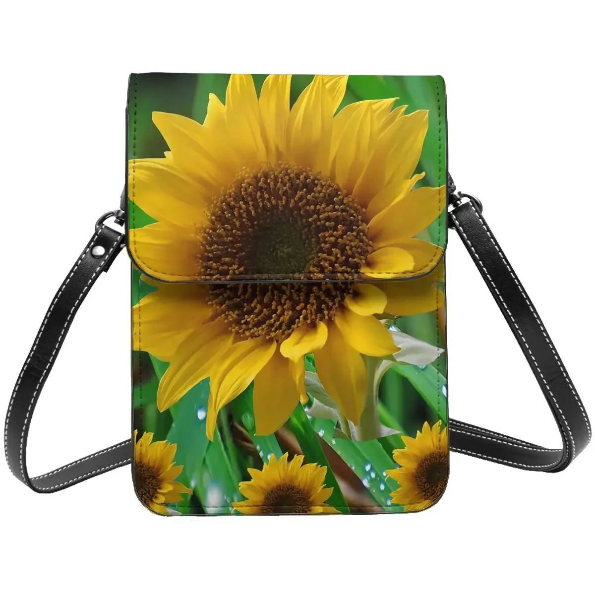 

Nature Sunflower Shoulder Bag Green Leaf Print Vintage Leather Outdoor Mobile Phone Bag Female Bulk Bags