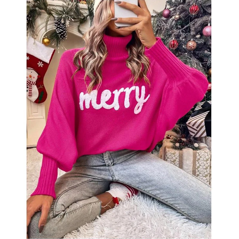 

2023 Knitted Women's Turtleneck Sweater Loose Pullover Female Jumper Elegant Winter Autumn New Year Trendy Christmas Sweater