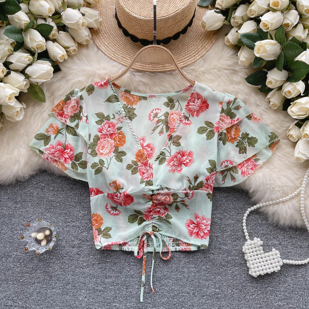 

Летняя рубашка в нишевом стиле 2023, плиссированная рубашка с V-образным вырезом, французская короткая шифоновая рубашка с цветочным принтом