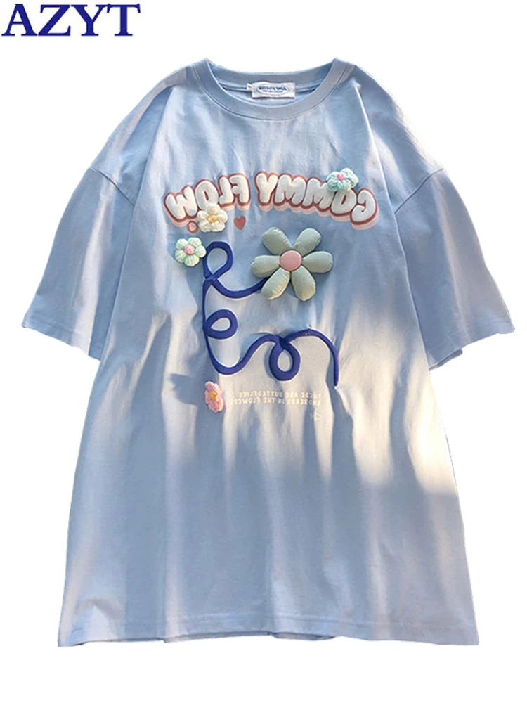 

AZYT Floral Decoration Women T Shirt y2k Letter Print Short-Sleeved T-Shirt Womens 2022 Summer O Neck Casual Tees Femme Tops